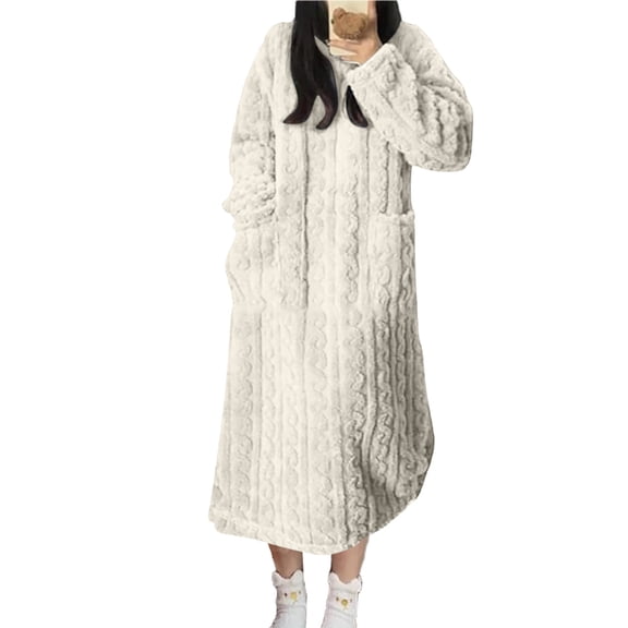 Elvqul Womens Flannel Nightgowns Long Sleeve Winter Sleepwear Bathrobe with Pockets White Comfortable Nightdress for Ladies Solid Color