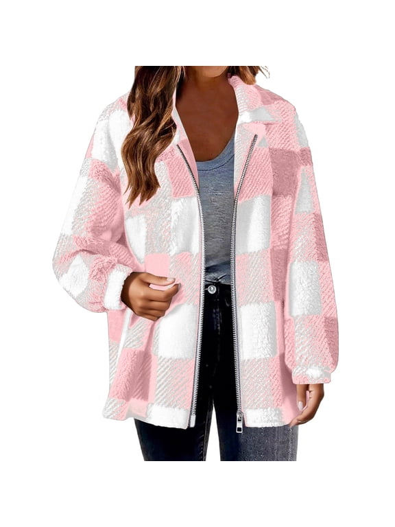 Womens Fleece Jacket Outerwear Sweaters Plaid Long Sleeve Casual Coat for Women Thick