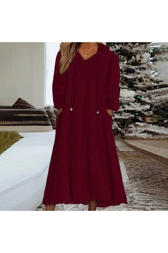 Womens Fleece Nightgowns Drawstring with Pockets Sleepwear Long Sleeve Wine Casual Solid Color Home Wear for Women Lounge
