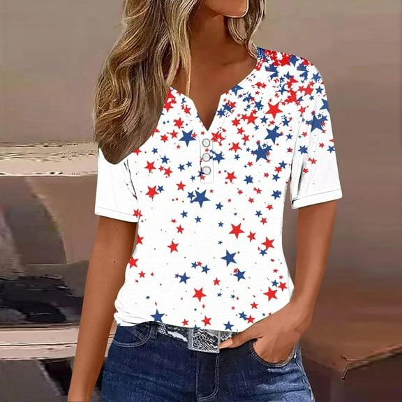 Elvqul Womens Fourth of July Tops Plus Size Patriotic Blouses V-Neck Star American Flag 3/4 Sleeve Shirts for Women Independence Day