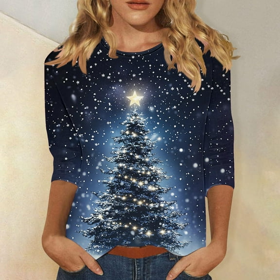 Elvqul Womens Funny Tops Christmas 3/4 Sleeve Shirts Vacation Print Crew Neck Blue Tops for Women Plus Size
