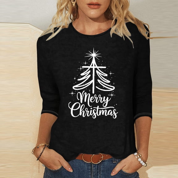 Elvqul Womens Going Out Blouses Shirts Pullover 3/4 Sleeve Christmas Round Neck Blouses for Women Christmas Tree Print