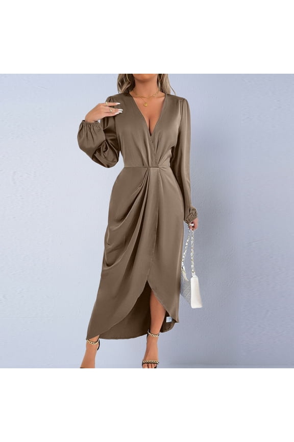 Womens High-Low Dresses Pullover V Neck Dresses Summer Khaki Side Splits Asymmetrical Tunic Plain A-Line Dresses for