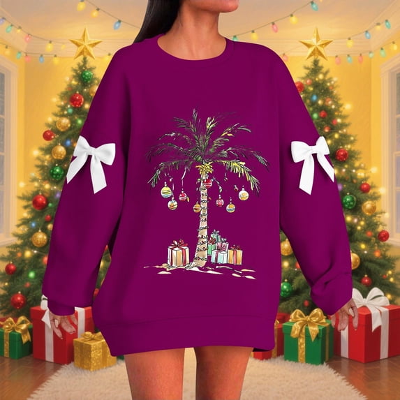 Hipattires Womens Holiday Sweatshirts Sweatshirts Plus Size Pullover Large Long Ribbed Purple Merry Christmas Tops for Women Comfy