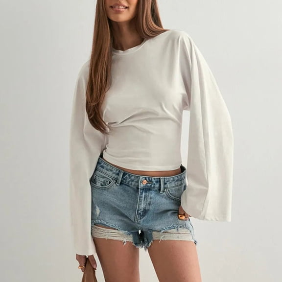 Elvqul Womens Hood Shirts Round Neck Tops Wide - Sleeve Fashion Waist Cinching Solid Color Shirts for Women