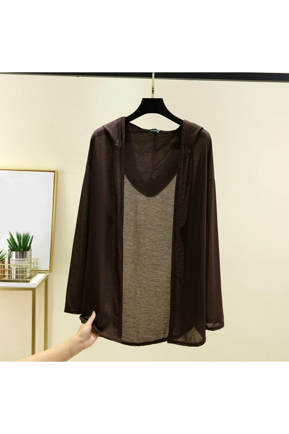 Womens Hooded Cardigans Plus Size Casual Sweaters Brown Solid Color Long Sleeve Thin Lightweight Coats for Women Fall