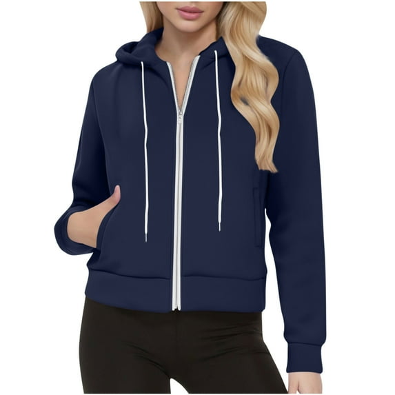 Elvqul Womens Hooded Hoodies with Pocket Navy Hoodie Zip Up Casual Solid Color Crewnecks Loose Fall Sweatshirt for Ladies
