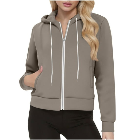 Elvqul Womens Hoodies Long Sleeve Zipper Front Loose Hoodie Khaki Crewneck with Pocket Fall Hooded Casual Sweatshirt for Women