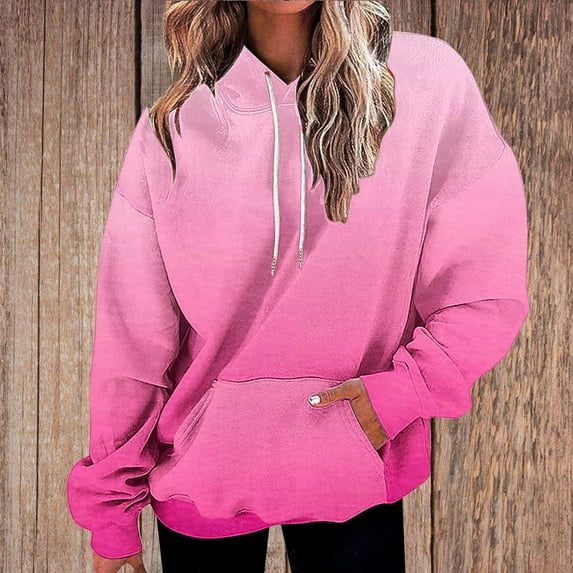 Elvqul Womens Hoodies Pink Gradient Pullover Fleece Sweatshirts for Women Hooded Exercise Comfortable Workout Tops