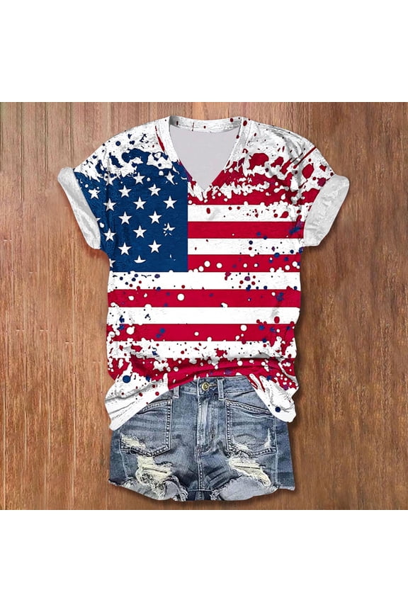 Womens Independence Day Shirts Gray Patriotic Tops American Flag 4th of July V-Neck Eagle T Shirts for Ladies Short Sleeve