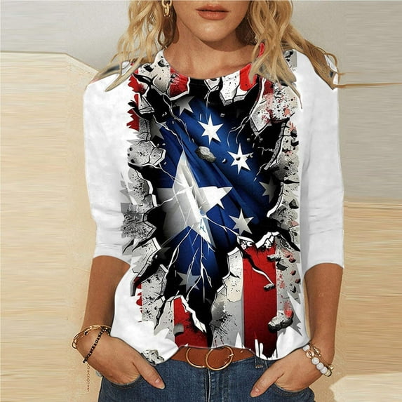 Elvqul Womens Independence T-Shirts Fourth of July Tops Patriotic Under 5 American Flag 3/4 Sleeve Shirts for Women Crew Neck