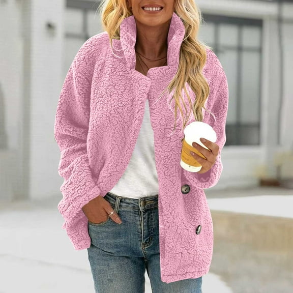 Elvqul Womens Jacket Fuzzy Button up Outerwear with Pockets Thermal Sweaters Long Sleeve Lined Coat for Juniors