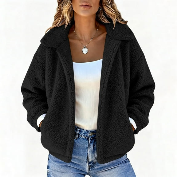 Elvqul Womens Jacket Fuzzy Outerwear Sweaters with Pockets Long Sleeve Thick Warm Coat for Ladies