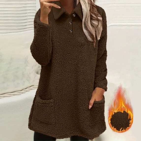 Elvqul Womens Jacket Fuzzy Outerwear Thick Long Sleeve Casual Sweaters Button up with Pockets Coat for Juniors