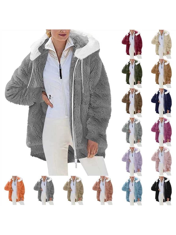 Womens Jacket Hooded with Pockets Outerwear Sherpa Sweaters Lined Coat for Juniors Thick