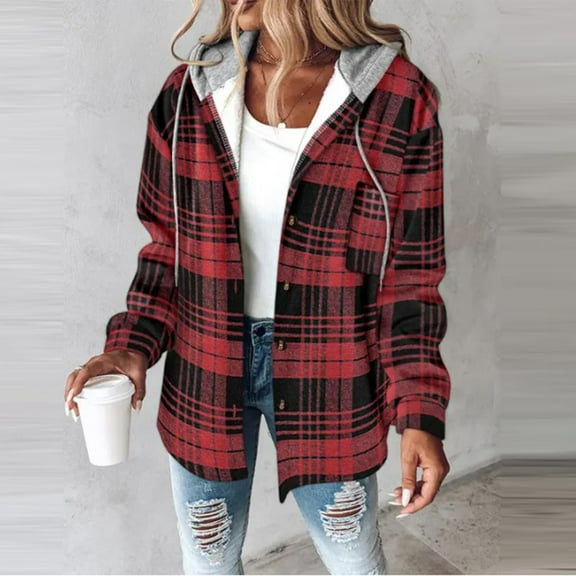 Elvqul Womens Jacket Hooded with Pockets Outerwear Winter Fleece Sweaters Long Sleeve Thermal Button up Coat for Women Plaid