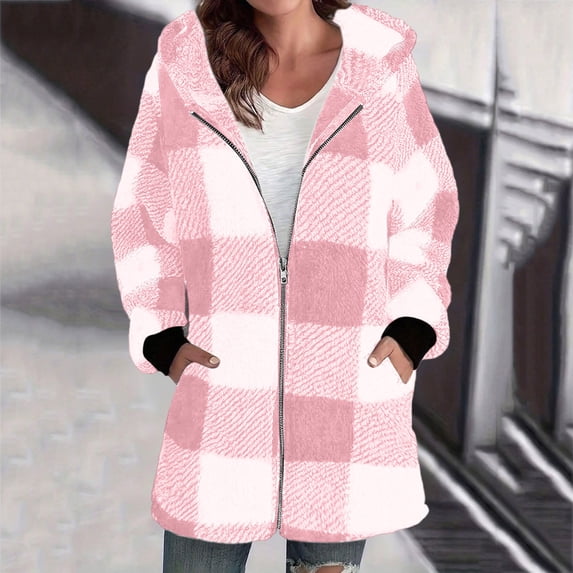Elvqul Womens Jacket Sherpa with Pockets Outerwear Hooded Sweaters Casual Long Sleeve Plaid Coat for Women