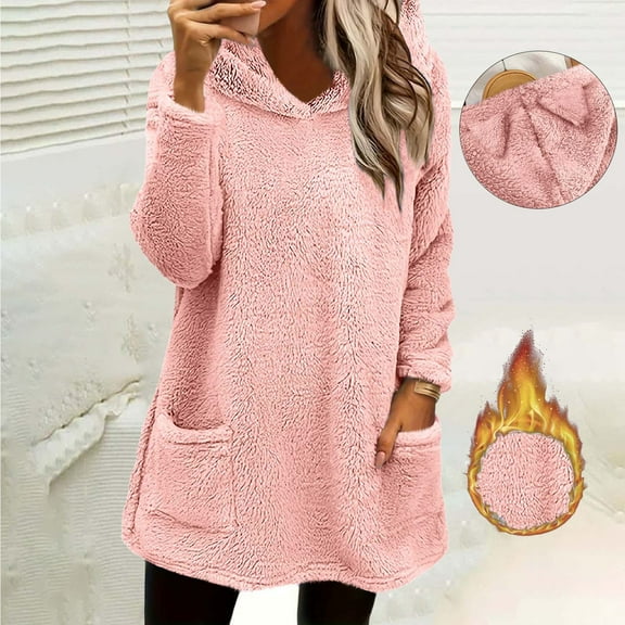 Elvqul Womens Jacket Thermal Outerwear with Pockets Hooded Sweaters Long Sleeve Fleece Coat for Juniors Casual