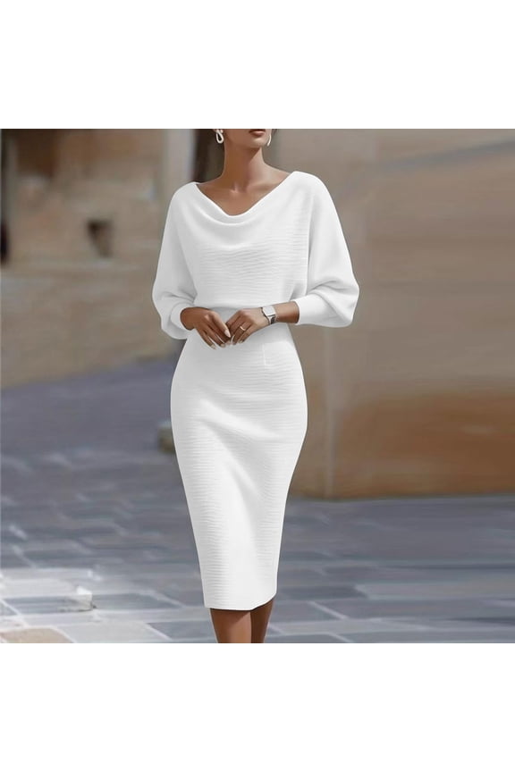 Womens Knee-Length Dresses Long Sleeve Dresses Boat Neck Summer Pullover Tunic White Plain A-Line Dresses for