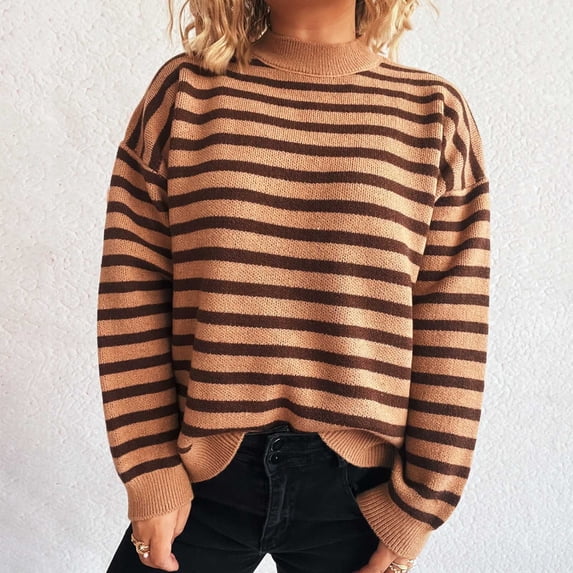Hipattires Womens Knitted Sweaters Khaki Comfy Pullover Striped Comfortable Thick Warm Work Tops Regular Blouse for Women Winter