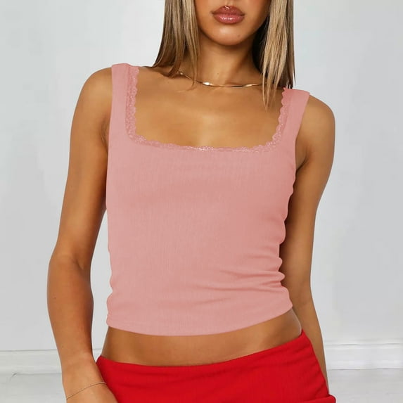 Elvqul Womens Lace Tank Tops Solid Color Shirts Basic Pullover Summer Pink Tops for Women Round Neck