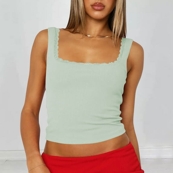 Elvqul Womens Lace Tops Summer Shirts Green Pullover Round Neck Sleeveless Tank Tops for Women Vacation