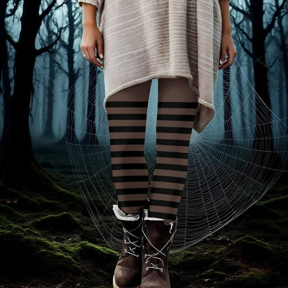 Elvqul Womens Leggings Plus Size Pants Athletic Brown Halloween High Waist Striped Winter Leggings Pants for Ladies