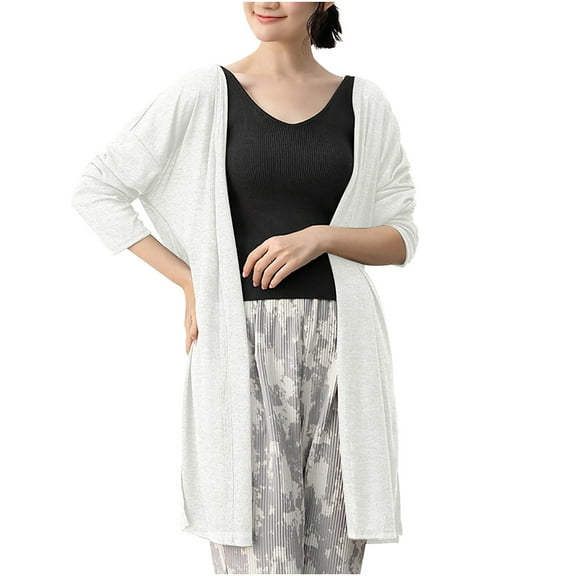Elvqul Womens Lightweight Cardigans Thin Long Sleeve Sweaters Casual Long White Solid Color Coats for Ladies