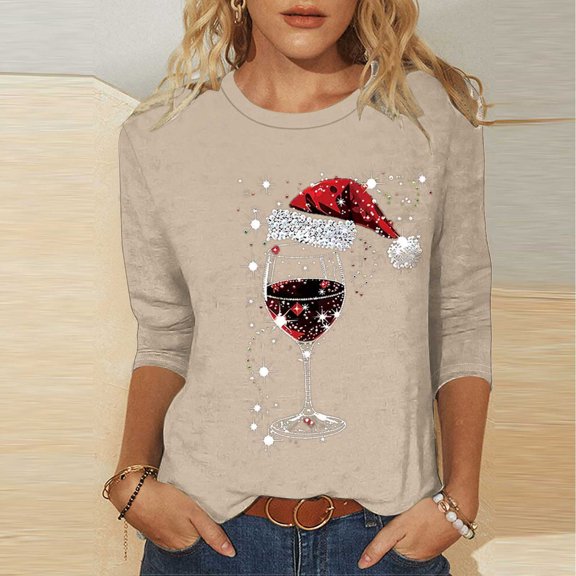 Elvqul Womens Lightweight Tops Pullover Shirts 3/4 Sleeve Graphic Winter Tops for Women Crewneck