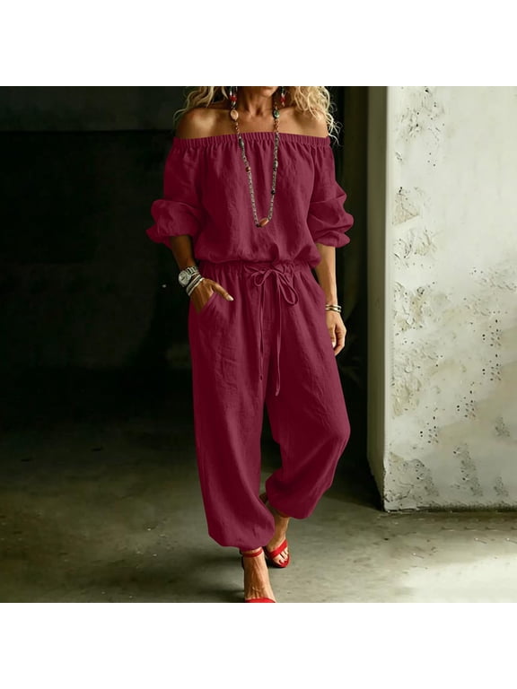 Womens Linen Jumpsuit Off Shoulder 3/4 Sleeve Cotton Linen Blend with Elastic Neckline Drawstring Waist Side Pockets Elastic Ankle Cuffs Tapered Leg Casual Summer