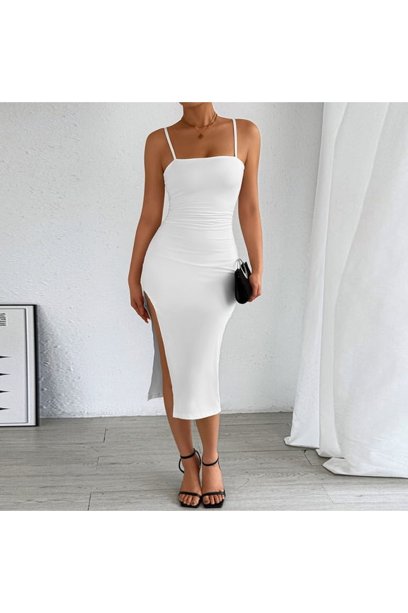 Womens Long Dresses Pullover Summer Dress Solid Side Split Holiday Sleeveless Dresses for Tunic, Sizes S-5X