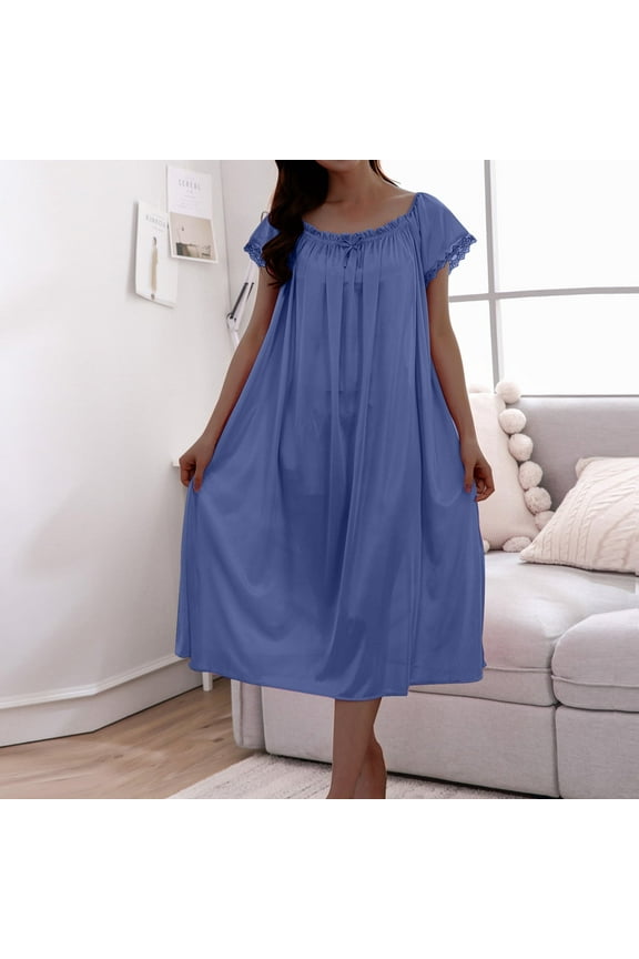 Womens Long Nightgowns Plus Size Pajamas Dress for Women Short Sleeve Blue Nightgowns