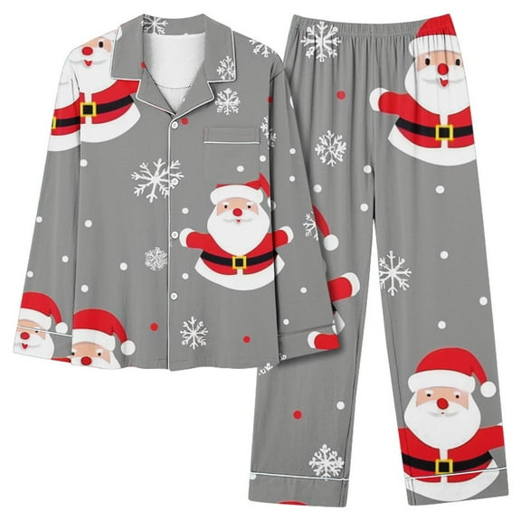 Elvqul Womens Long Sleeve Pajamas Cozy Loungewear Graphic Tops and Pants Button up 2-Piece Gray Christmas Pajamas Set for Women