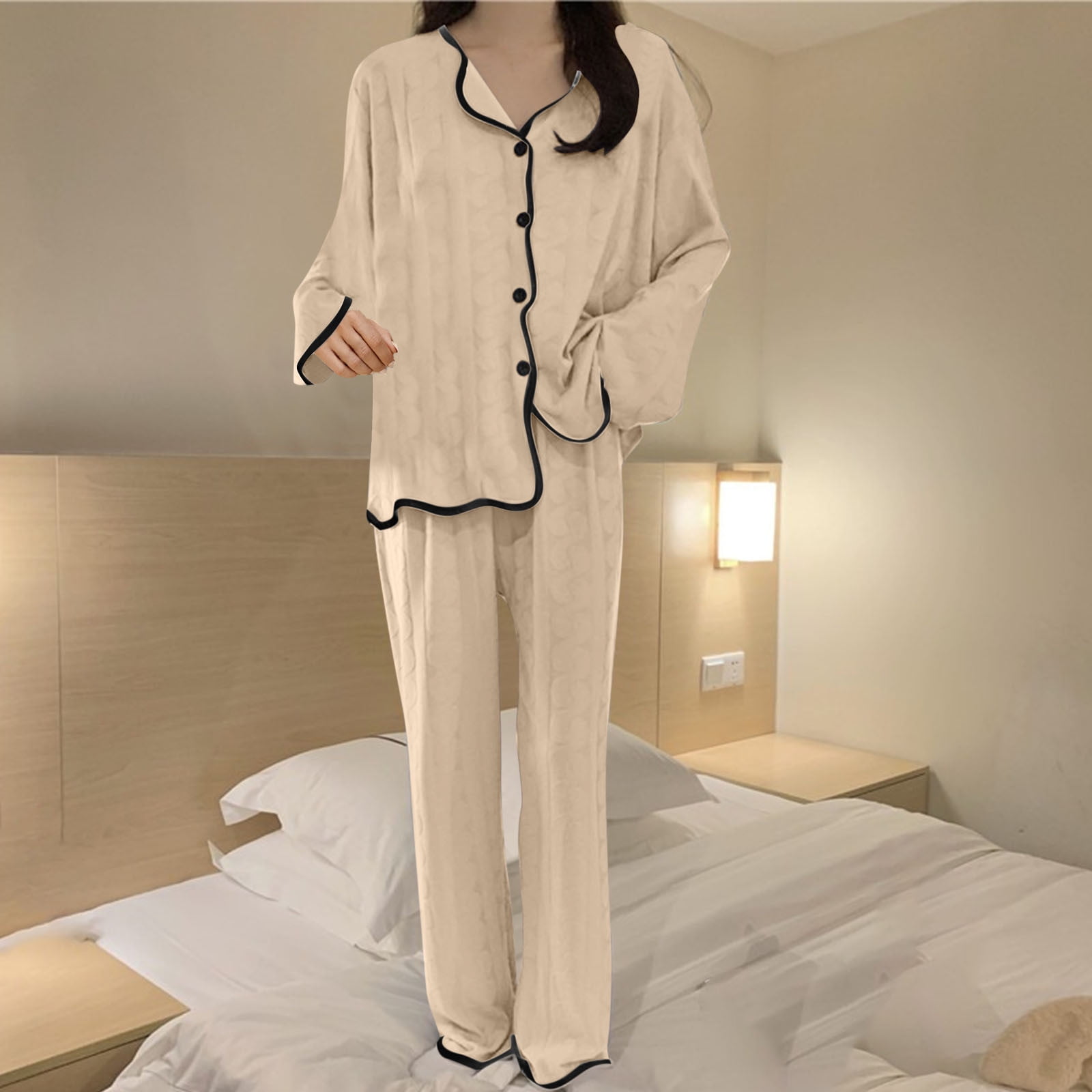 Elvqul Womens Long Sleeve Pajamas Set Home Collared Button Up Plain elvqul-womens-long-sleeve-pajamas-set-home-collared-button-up-plain