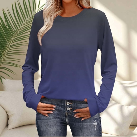 Elvqul Womens Long Sleeve Shirts Temperament Lightweight Tops Waist Cinching Printing Round Neck Shirts for Women