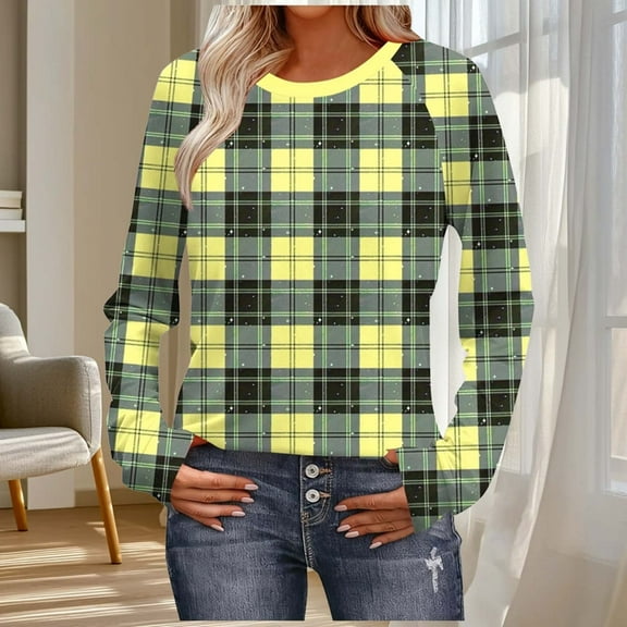 Elvqul Womens Long Sleeve Shirts Waist Cinching Tops Fashionable Plaid Lightweight Round Neck Shirts for Women