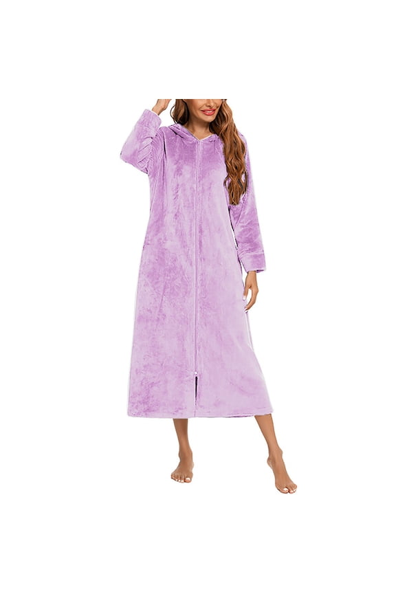 Womens Long Sleeve Sleep Robes Hooded Flannel Purple Comfy Sleepwear Plain Holiday Plus Size Thick Zip up Bathrobes Sleep Robes