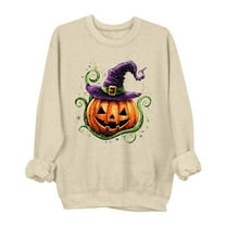 Elvqul Womens Long Sleeve Sweatshirts Halloween Pumpkin Ghost Sweatshirt Spooky Crew Neck Casual Graphic Pullover Tops for Women Beige