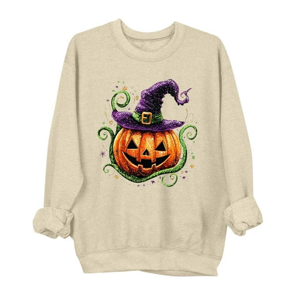 Elvqul Womens Long Sleeve Sweatshirts Halloween Pumpkin Ghost Sweatshirt Spooky Crew Neck Casual Graphic Pullover Tops for Women Beige