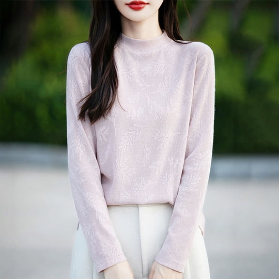 Elvqul Womens Long Sleeve Tops Crewneck Shirts Winter Spring Undershirts Thermal Pink Knit Tops for Women Plain