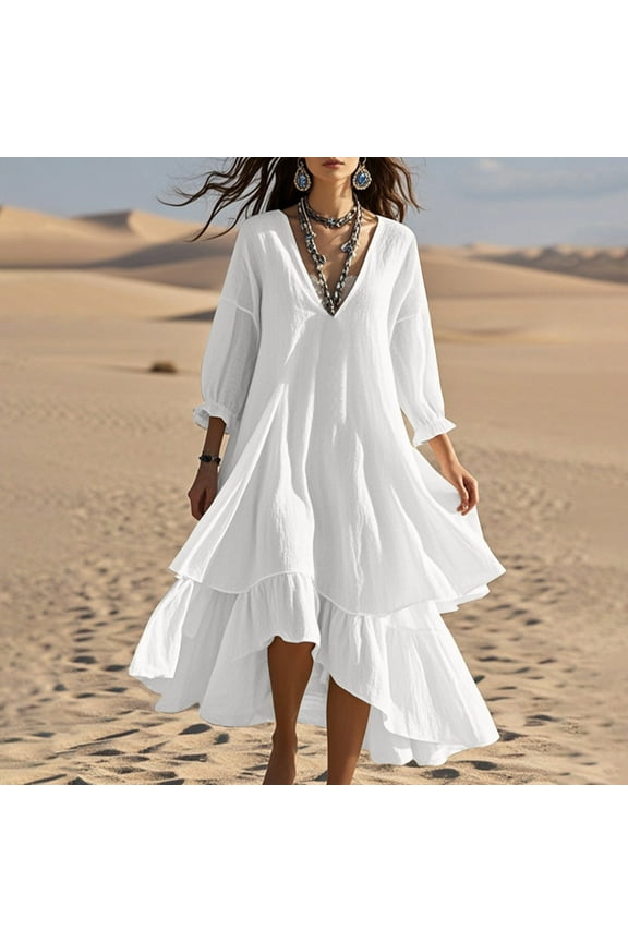 Womens Loose Dresses Long Sleeve Dress Plus Size Solid Color Winter Party V Neck Maxi Dresses for Ladies
