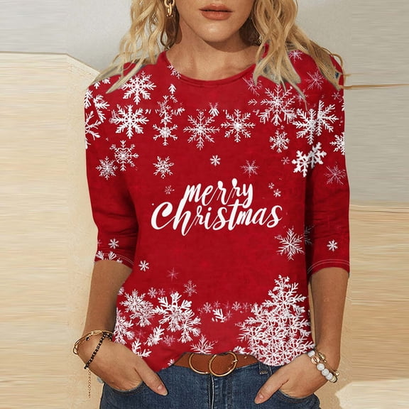 Elvqul Womens Loose Shirts Pattern Blouses 3/4 Sleeve Causal Sweater Sweater Fashionable Shirts for Women Crew Neck