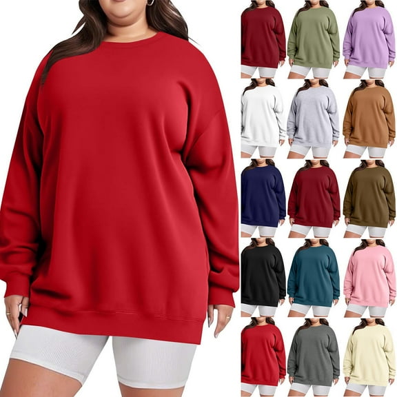 Elvqul Womens Loose Sweatshirts Crewneck Red Plus Size Lightweight Pullover Oversized Tops for Ladies Fashion