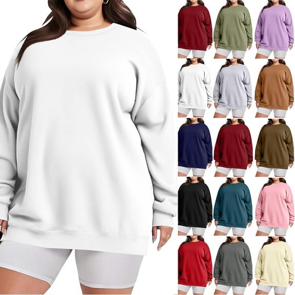 Elvqul Womens Loose Sweatshirts Pullover Plus Size White Crewneck winter Tops for Ladies Oversized