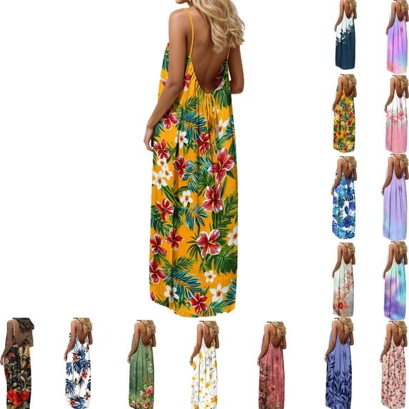 Elvqul Womens Maxi Dresses Scoop Neck Summer Dresses Bohemian Flowy Beach Tunic Sleeveless Dresses for Women, Sizes S-5X