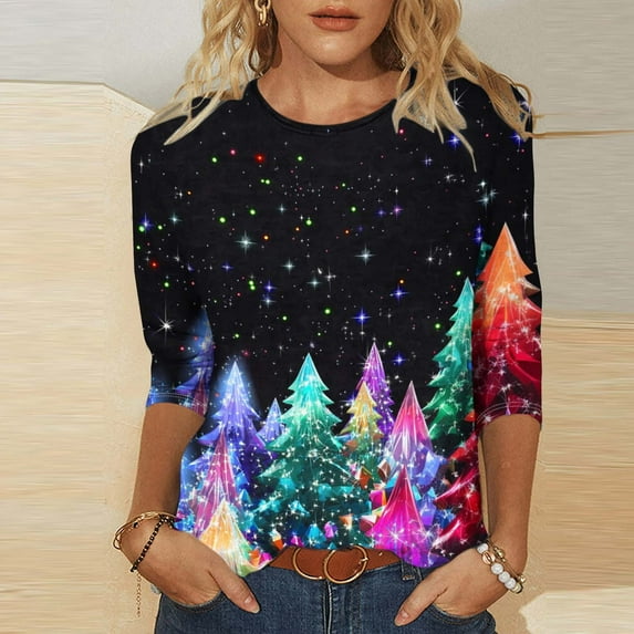 Elvqul Womens Merry Christmas Shirts Crewneck Christmas Tops Print Plus Size 3/4 Sleeve Shirts for Women