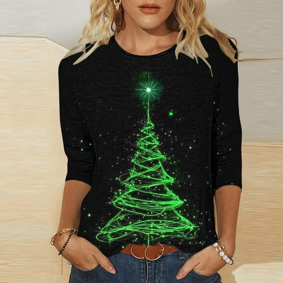 Elvqul Womens Merry Christmas Shirts Crewneck Tops Christmas Oversized 3/4 Sleeve Funny Shirts for Women Plus Size