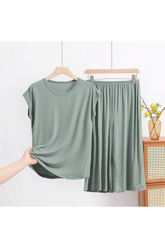 Womens Modal Pajama Set Short Sleeve Pullover Lounge Set Lightweight Two Piece Solid Round Neck Tee and Pants for Women Summer