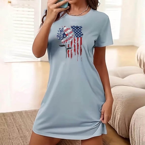 Elvqul Womens Nightgowns Sleepwear for Women Pull on Short Short Sleeve Casual Blue Nightgowns