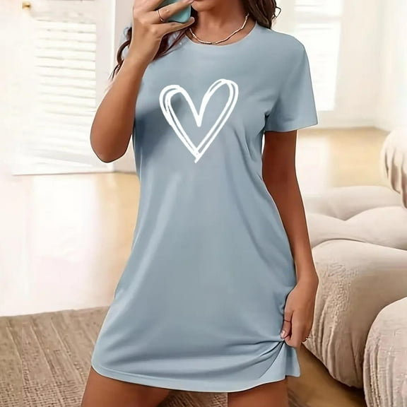 Elvqul Womens Nightgowns Sleepwear for Women Short Short Sleeve Oversized Blue Nightgowns